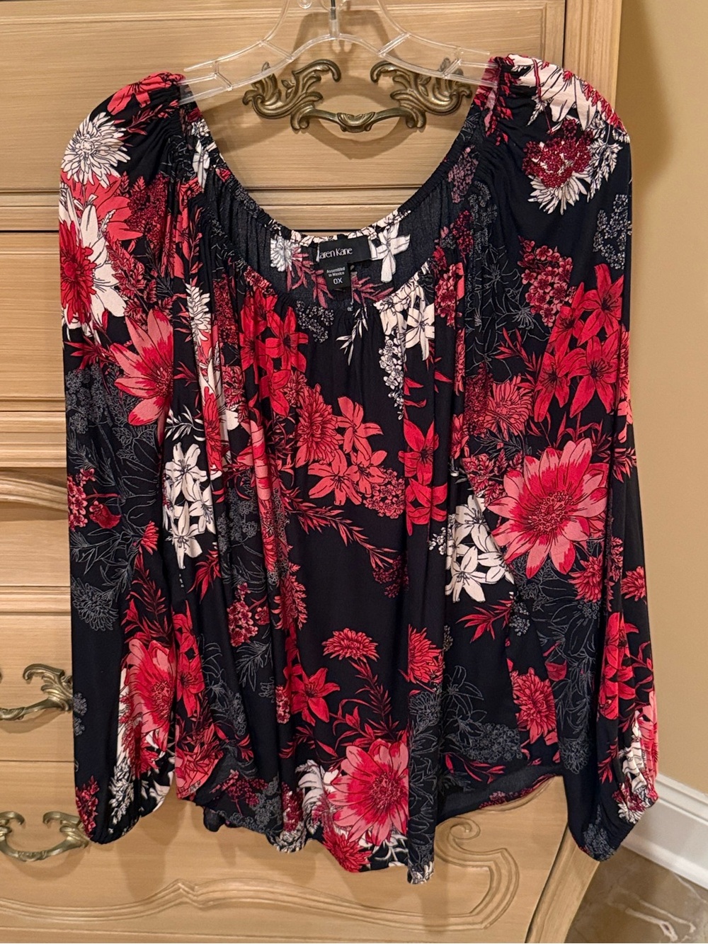 Karen Kane Floral Peasant Blouse - Black with Red, Pink & White Floral
